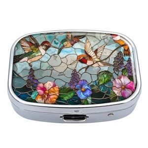 Hummingbird Garden Stained Glass Whimsical Multi-Use Mirrored Pill Box Container